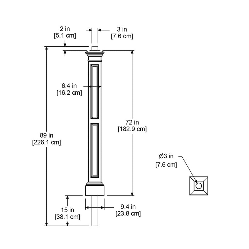 The Mayne Liberty Lamp Post with Mount measurement specifications, the length, width and height for installation purposes. 