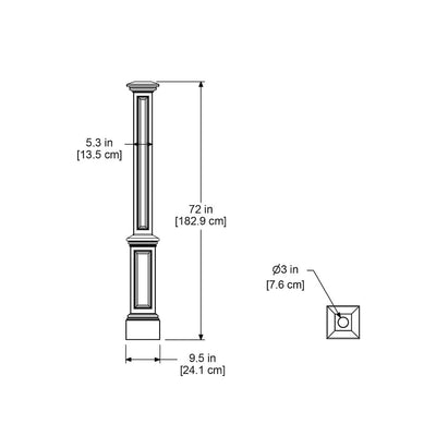 The Mayne Signature Lamp Post with no mount measurement specifications, the length, width and height for installation purposes. 