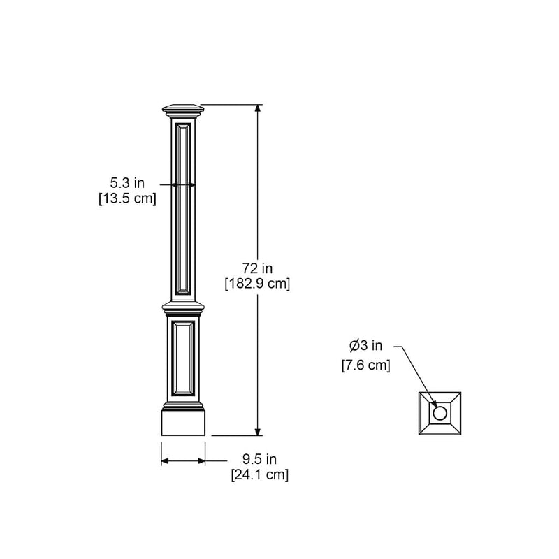 The Mayne Signature Lamp Post with no mount measurement specifications, the length, width and height for installation purposes. 