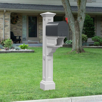 The Mayne Charleston Plus Mail Post, in the white finish, installed for curb appeal.