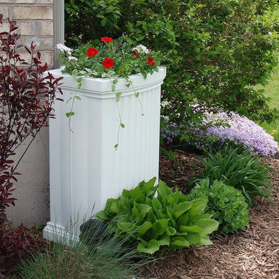 The Mayne Madison Rain Catcher in White, in the white finish, installed for curb appeal.