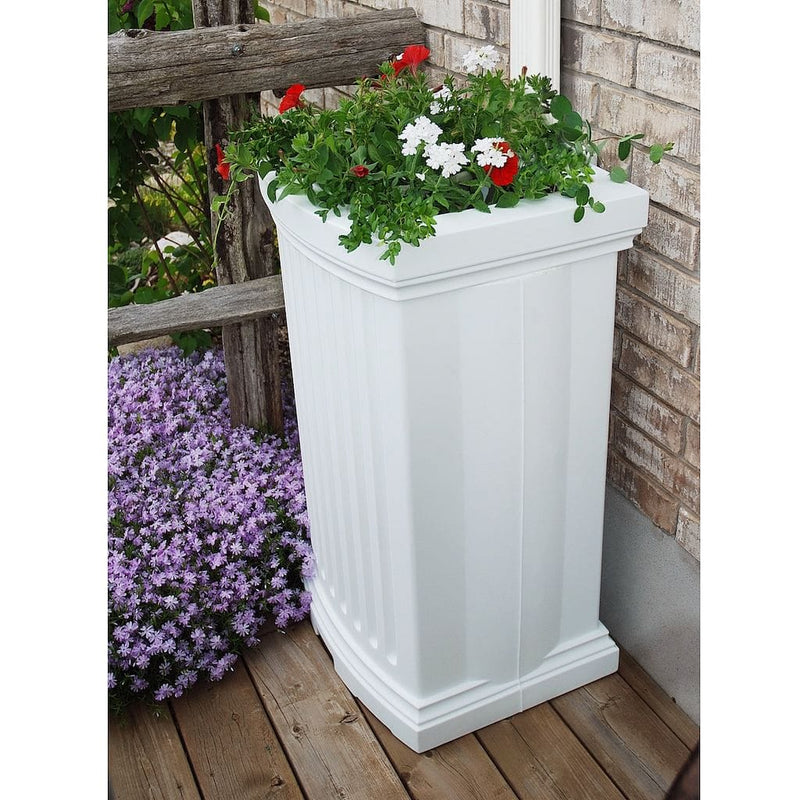 The Mayne Madison Rain Catcher in White, in the white finish, installed for curb appeal.