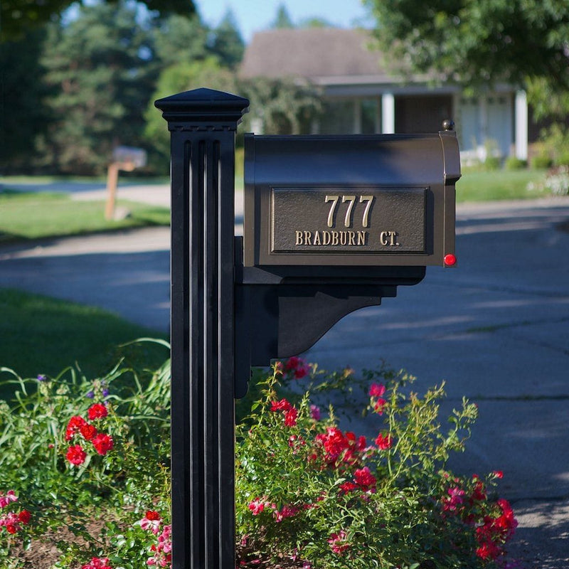 The Mayne Manchester Mail Post, in the black finish, installed for curb appeal.