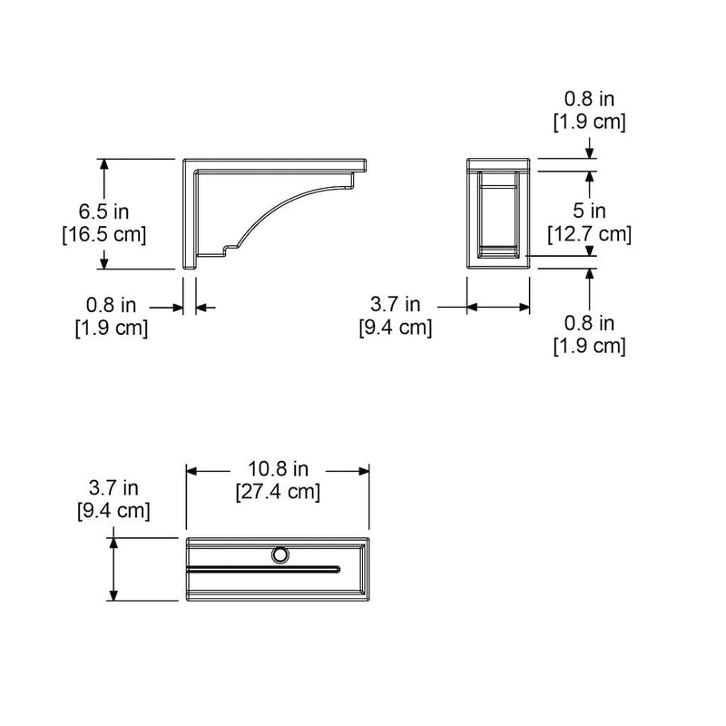 The Mayne Fairfield Decorative Brackets 2 pack measurement specifications, the length, width and height for installation purposes. 