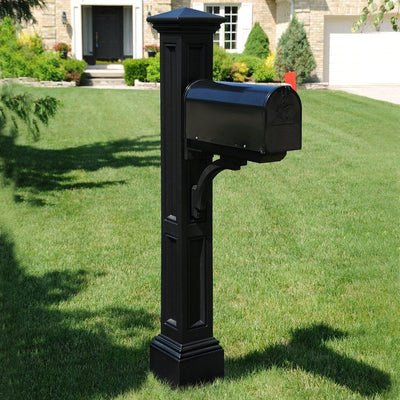 The Mayne Charleston Mail Post, in the black finish, installed for curb appeal.