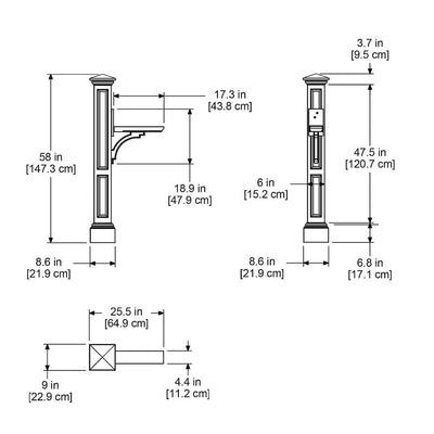 The Mayne Charleston Mail Post measurement specifications, the length, width and height for installation purposes. 