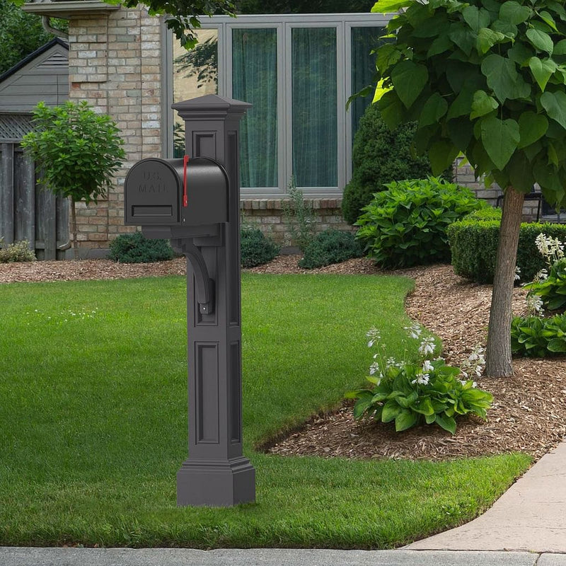 The Mayne Charleston Mail Post, in the graphite finish,installed for curb appeal.