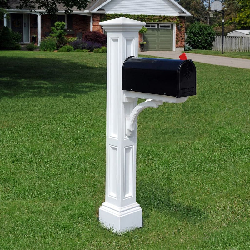 The Mayne Charleston Mail Post, in the white finish, installed for curb appeal.