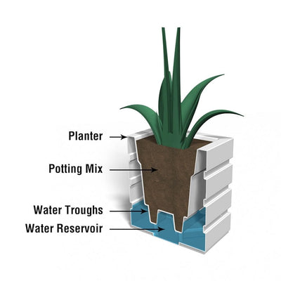 The Mayne Freeport 18x18 Square Planter cross section instructions on how the self-watering process works.