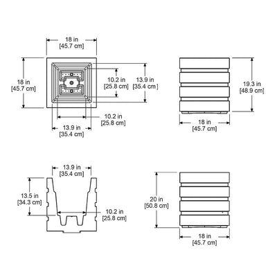 The Mayne Freeport 18x18 Square Planter measurement specifications, the length, width and height for installation purposes. 