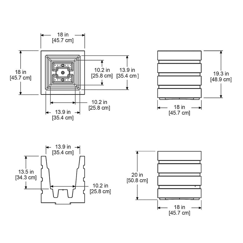 The Mayne Freeport 18x18 Square Planter measurement specifications, the length, width and height for installation purposes. 
