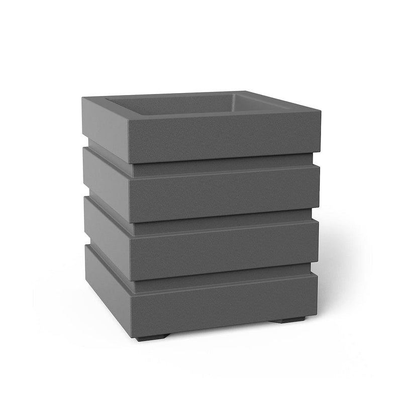 The Mayne Freeport 18x18 Square Planter, in the graphite finish,the unplanted planter detailed to show the shape and color clearly.