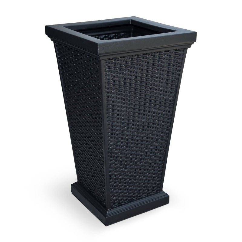 The Mayne Wellington Tall Planter, in the black finish, the unplanted planter detailed to show the shape and color clearly.