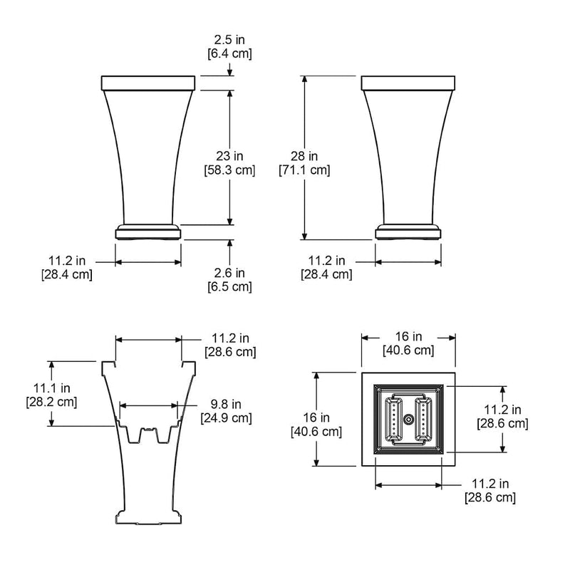 The Mayne Bordeaux Tall Planter measurement specifications, the length, width and height for installation purposes. 