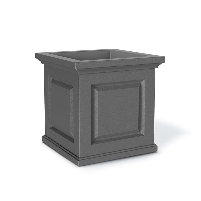 The Mayne Nantucket Square Planter, in the graphite finish,the unplanted planter detailed to show the shape and color clearly.