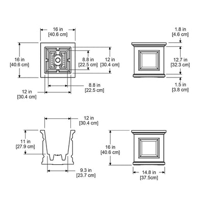 The Mayne Nantucket Square Planter measurement specifications, the length, width and height for installation purposes. 