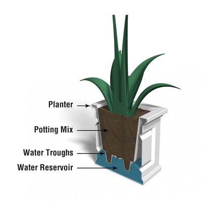 The Mayne Nantucket Square Planter cross section instructions on how the self-watering process works.