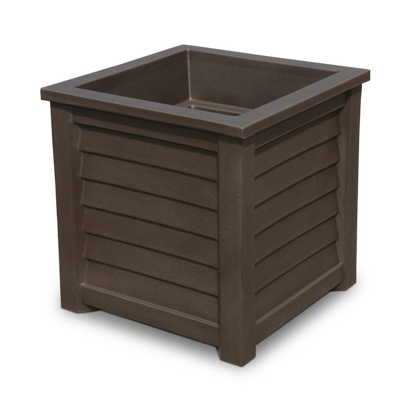 The Mayne Lakeland 20x20 Square Planter, in the espresso finish, the unplanted planter detailed to show the shape and color clearly.