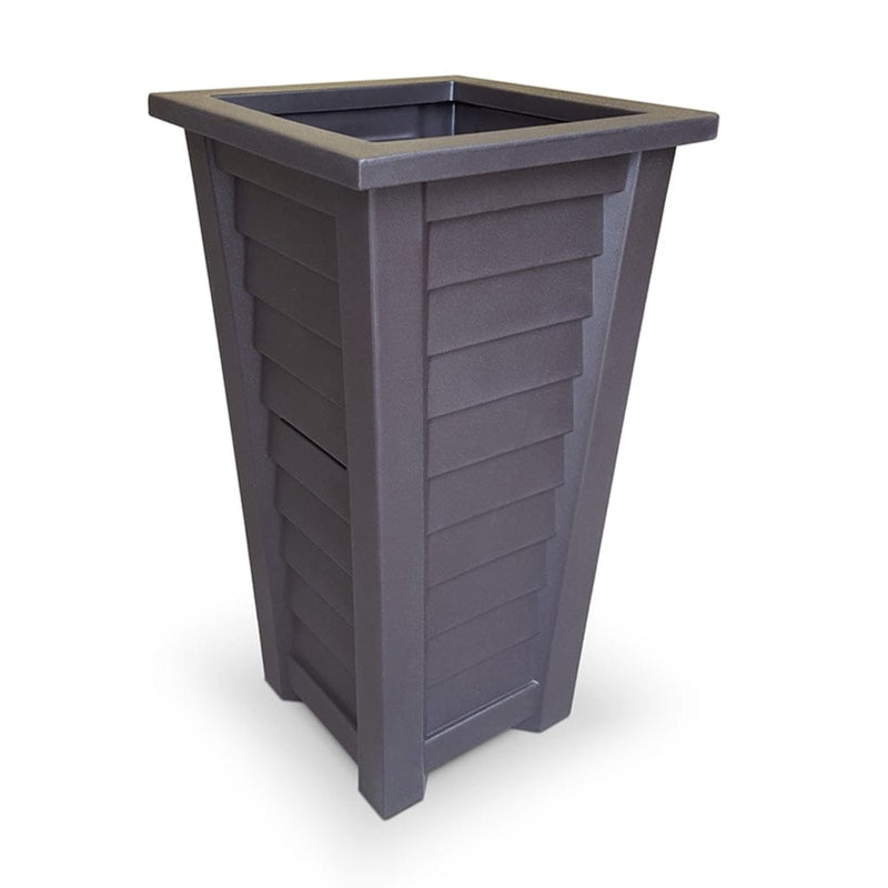 The Mayne Lakeland 28 inch Tall Planter, in the espresso finish, the unplanted planter detailed to show the shape and color clearly.