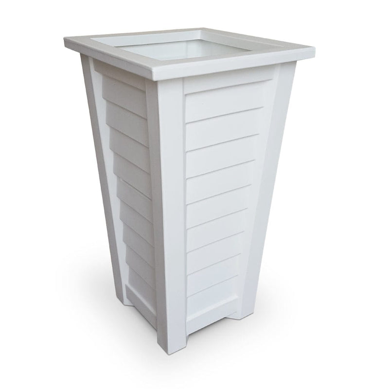 The Mayne Lakeland 28 inch Tall Planter, in the white finish, the unplanted planter detailed to show the shape and color clearly.