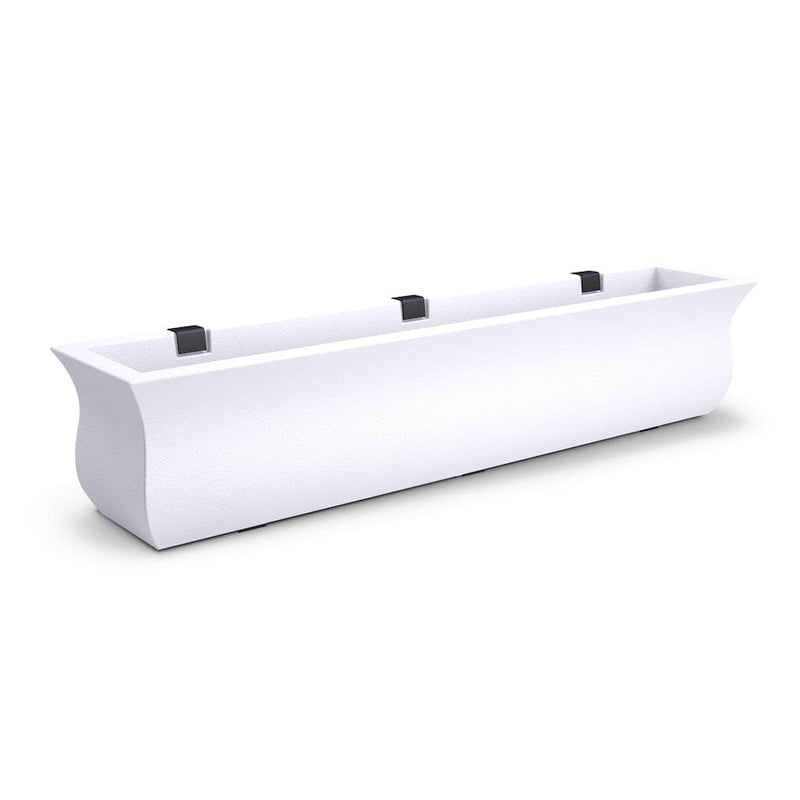 The Mayne Valencia 4ft Window Box Planter, in the white finish, the unplanted planter detailed to show the shape and color clearly.