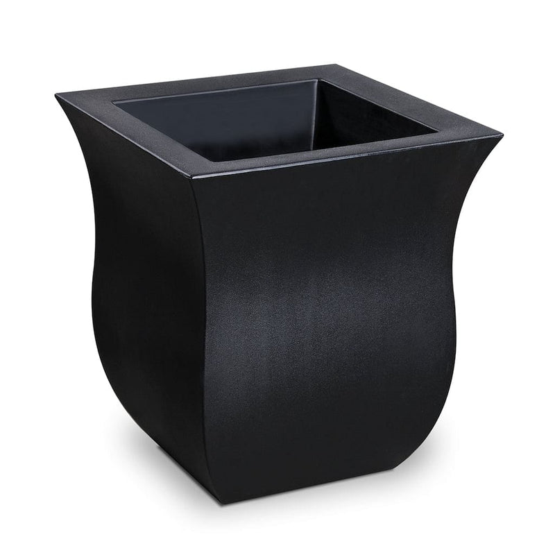 The Mayne Valencia Square Planter, in the black finish, the unplanted planter detailed to show the shape and color clearly.