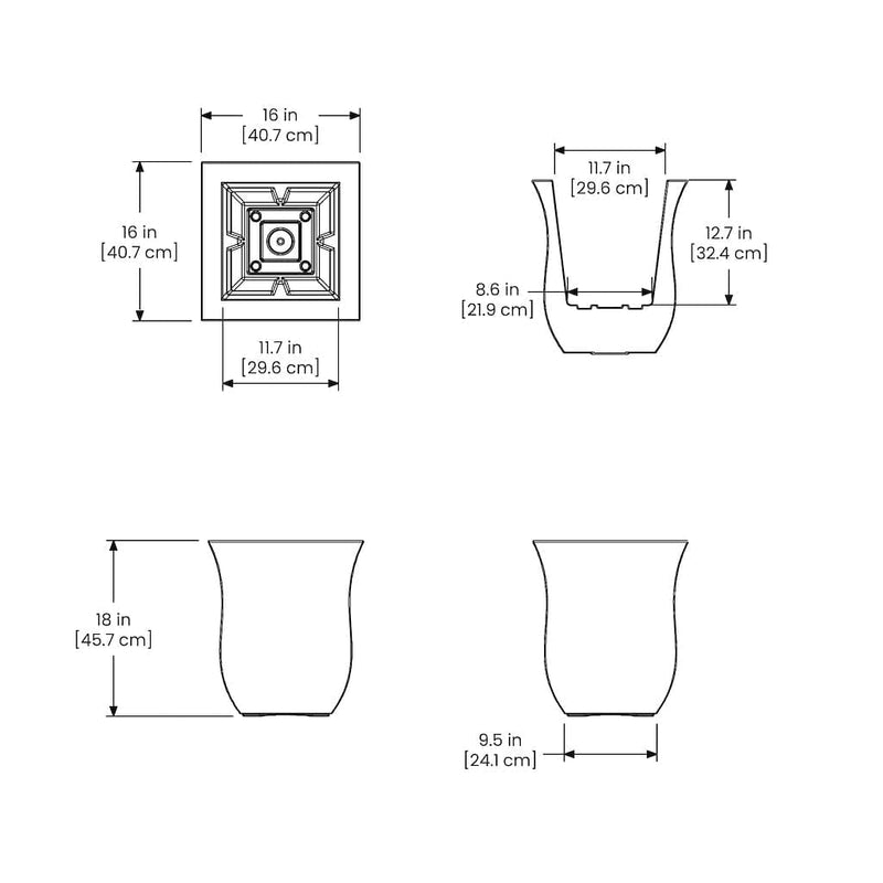 The Mayne Valencia Square Planter measurement specifications, the length, width and height for installation purposes. 