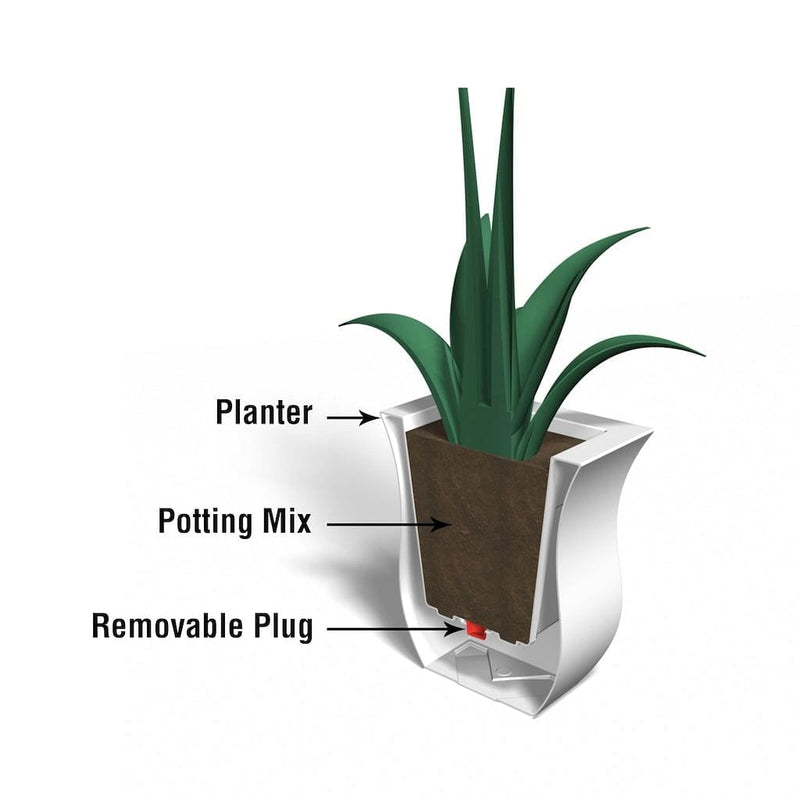 The Mayne Valencia Square Planter cross section instructions on how the self-watering process works.