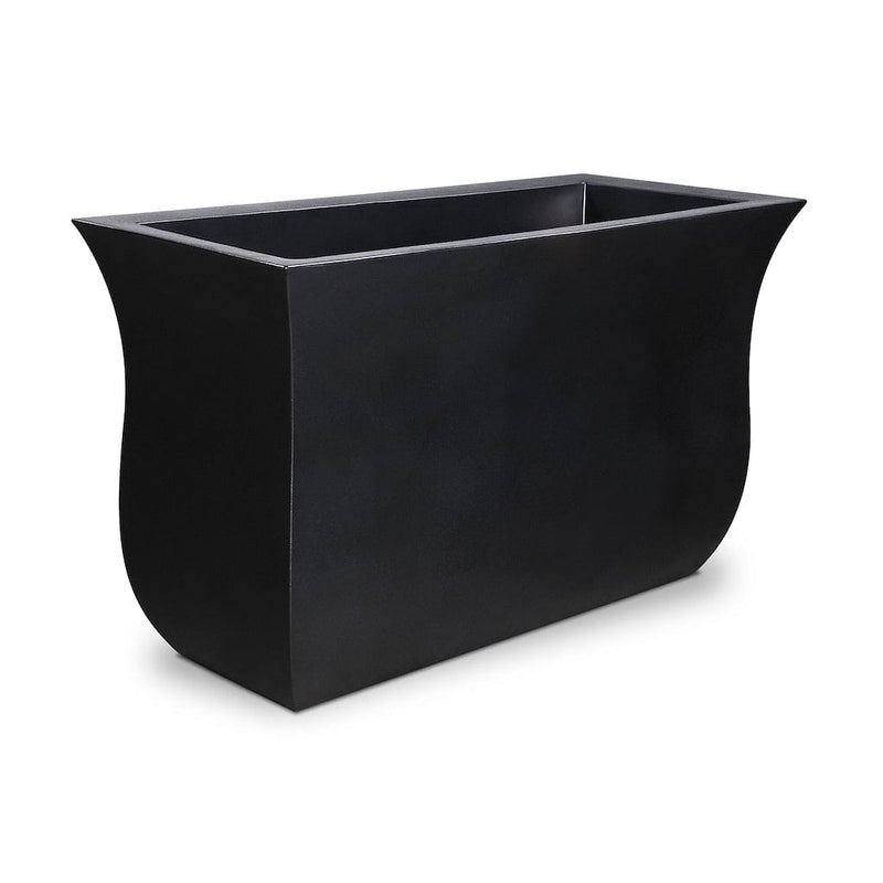 The Mayne Valencia Long Planter, in the black finish, the unplanted planter detailed to show the shape and color clearly.