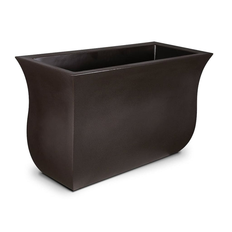 The Mayne Valencia Long Planter, in the espresso finish, the unplanted planter detailed to show the shape and color clearly.