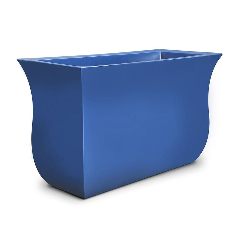 The Mayne Valencia Long Planter, in the neptune blue finish, the unplanted planter detailed to show the shape and color clearly.