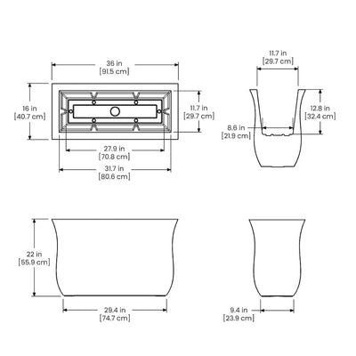 The Mayne Valencia Long Planter measurement specifications, the length, width and height for installation purposes. 