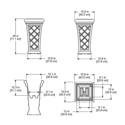 The Mayne Georgian Tall Planter measurement specifications, the length, width and height for installation purposes. 