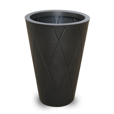 The Mayne Versailles Tall Round Planter, in the black finish, the unplanted planter detailed to show the shape and color clearly.