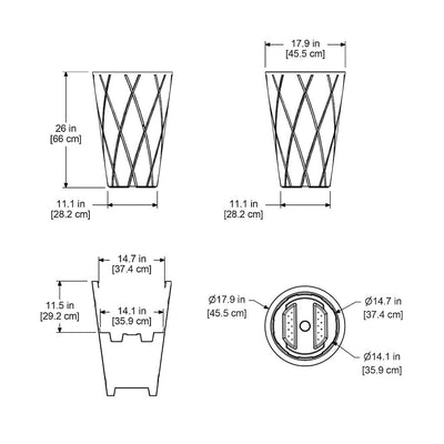 The Mayne Versailles Tall Round Planter measurement specifications, the length, width and height for installation purposes. 