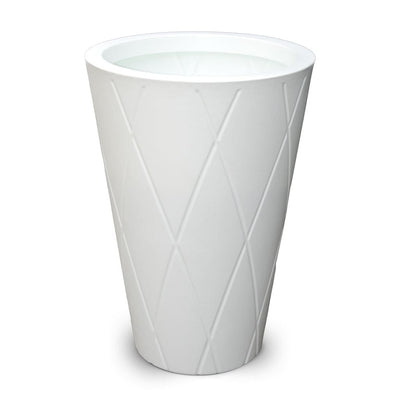 The Mayne Versailles Tall Round Planter, in the white finish, the unplanted planter detailed to show the shape and color clearly.