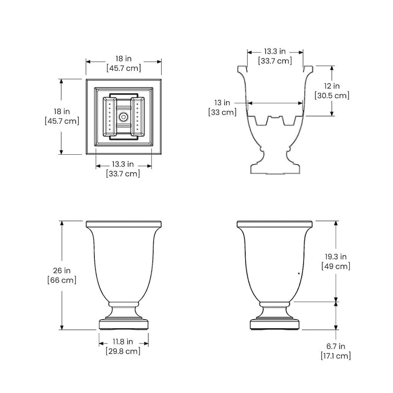 The Mayne Augusta Tall Planter measurement specifications, the length, width and height for installation purposes. 