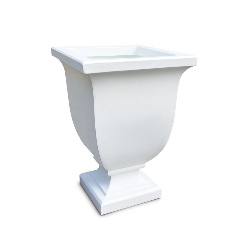 The Mayne Augusta Tall Planter, in the white finish, the unplanted planter detailed to show the shape and color clearly.