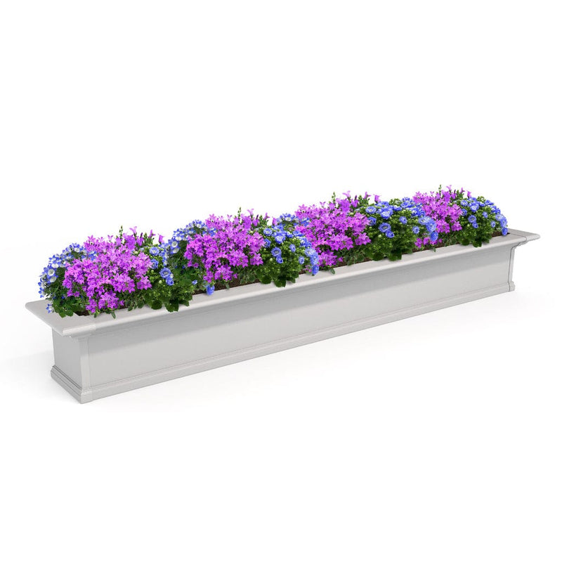The Mayne Yorkshire 7ft Window Box, with a white finish, the unplanted planter detailed to show the shape and color clearly.