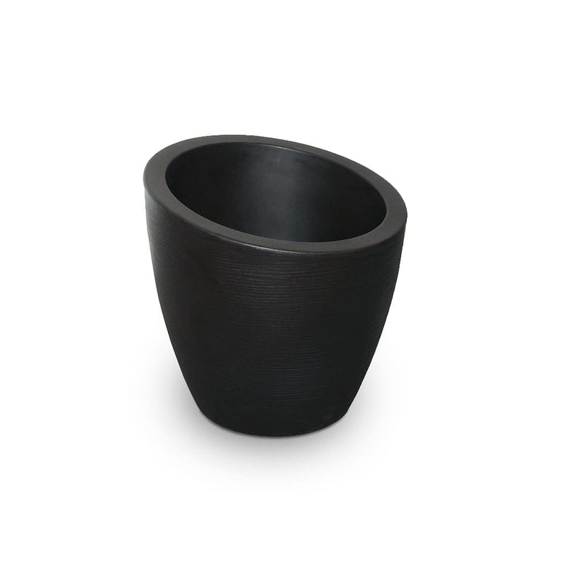 The Mayne Modesto Round Planter, with a black finish, the unplanted planter detailed to show the shape and color clearly.