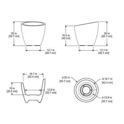 The Mayne Modesto Round Plantermeasurement specifications, the length, width and height for installation purposes. 