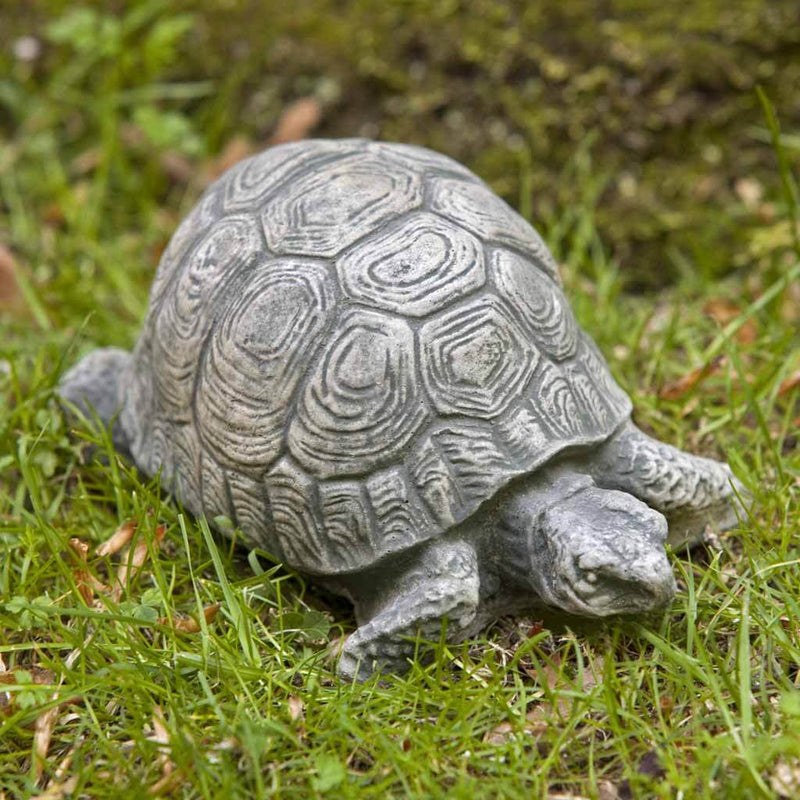 Campania International Small Turtle Statue, set in the garden to add charm and character. The statue is shown in the GreystonePatina.