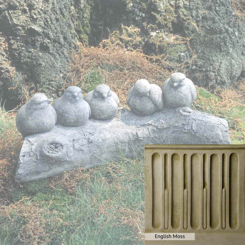 English Moss Patina for the Campania International Birds on a Log Garden Statue, green blended into a soft pallet with a light undertone of gray.