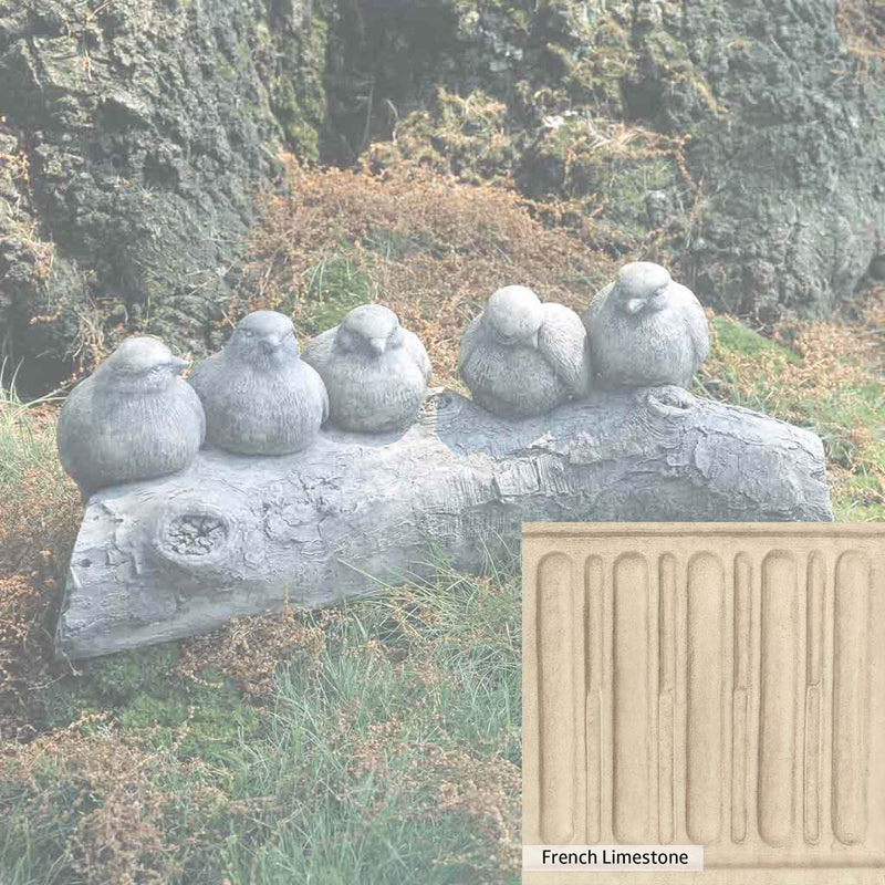 French Limestone Patina for the Campania International Birds on a Log Garden Statue, old-world creamy white with ivory undertones.