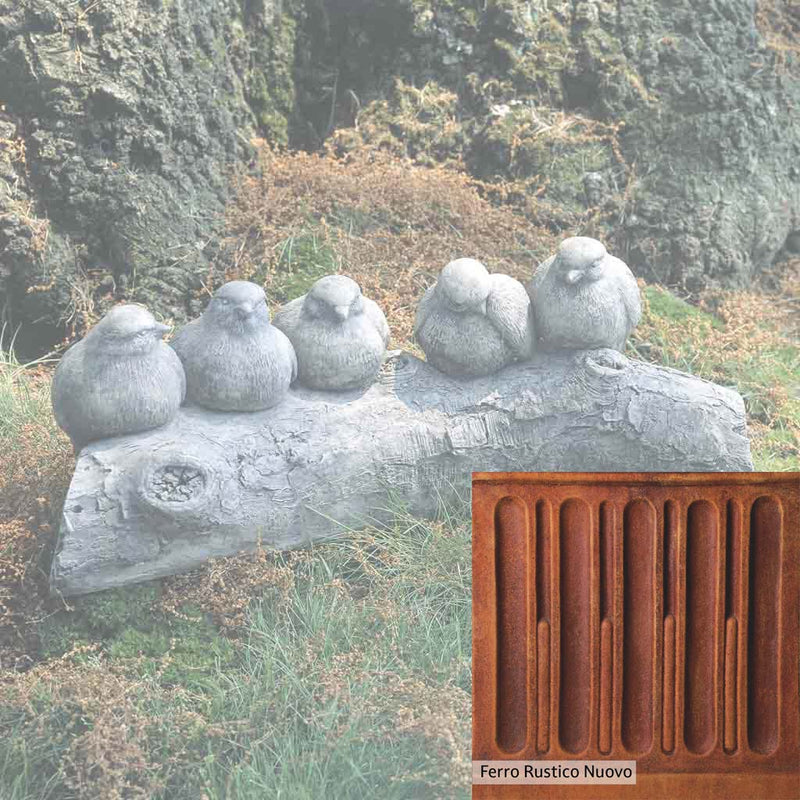 Ferro Rustico Nuovo Patina for the Campania International Birds on a Log Garden Statue, red and orange blended in this striking color for the garden.