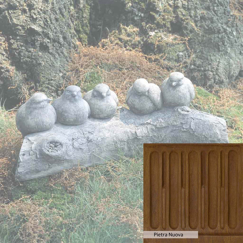 Pietra Nuova Patina for the Campania International Birds on a Log Garden Statue, a rich brown blended with black and orange.