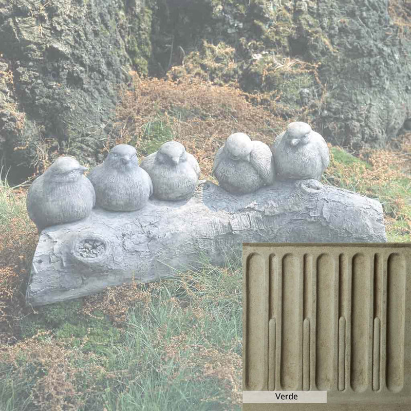 Verde Patina for the Campania International Birds on a Log Garden Statue, green and gray come together in a soft tone blended into a soft green.
