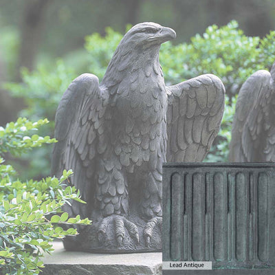 Lead Antique Patina for the Campania International Eagle Looking Left Statue, deep blues and greens blended with grays for an old-world garden.