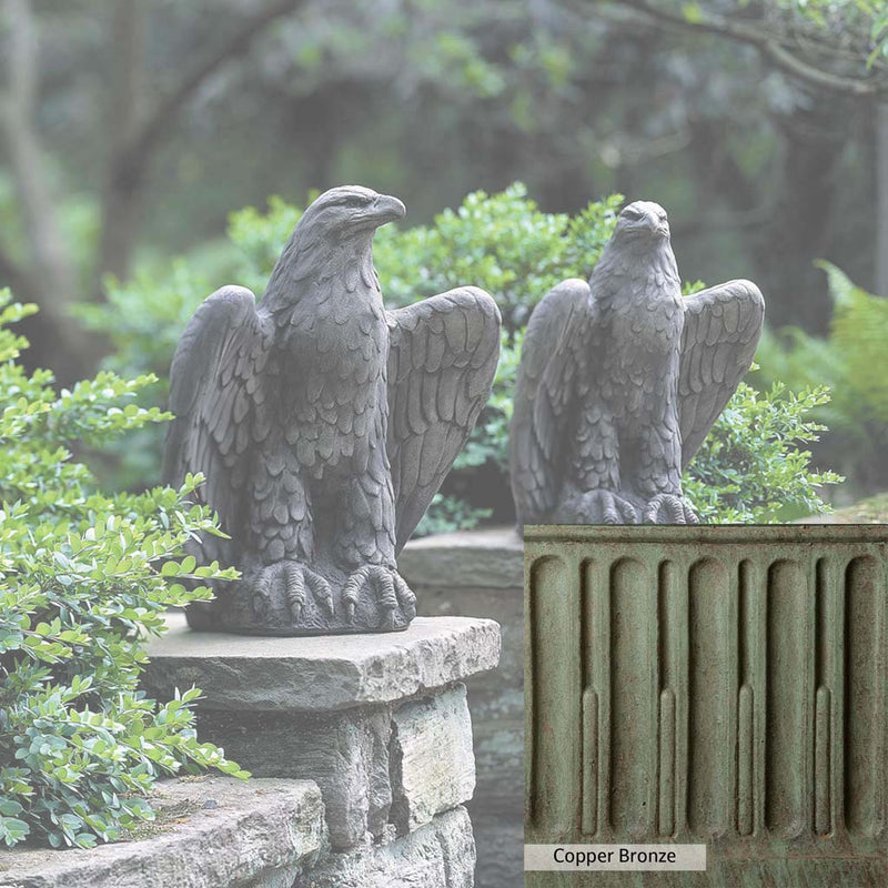 Copper Bronze Patina for the Campania International Eagle Looking Left and Right Statue, blues and greens blended into the look of aged copper.