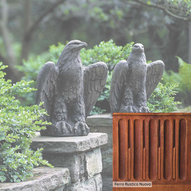 Ferro Rustico Nuovo Patina for the Campania International Eagle Looking Left and Right Statue, red and orange blended in this striking color for the garden.